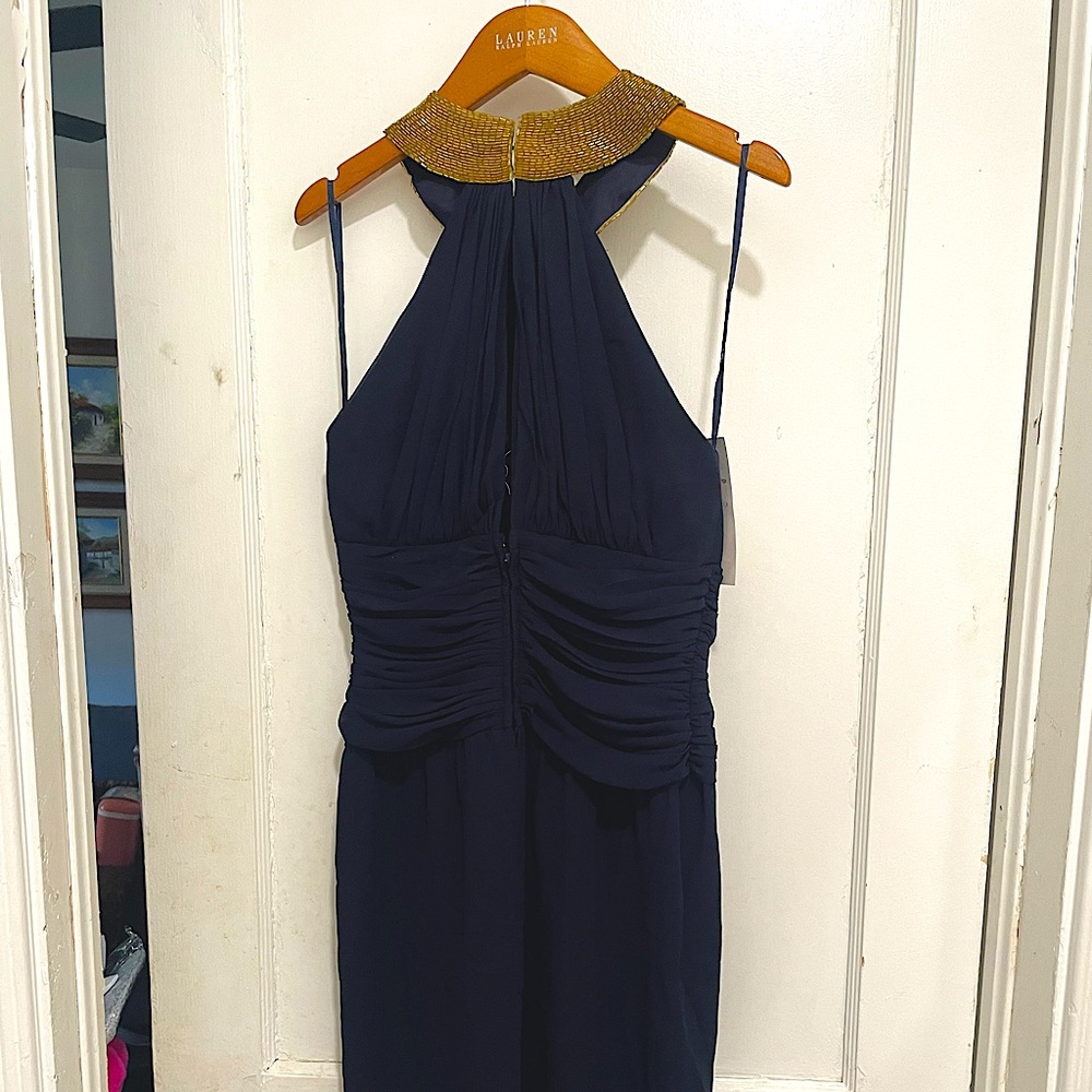 Cocktail halter dress with gold sequin collar